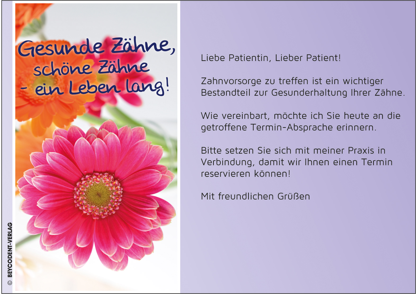 Zahnvorsorgekarte - Motiv: Blume / Gerbera 35
