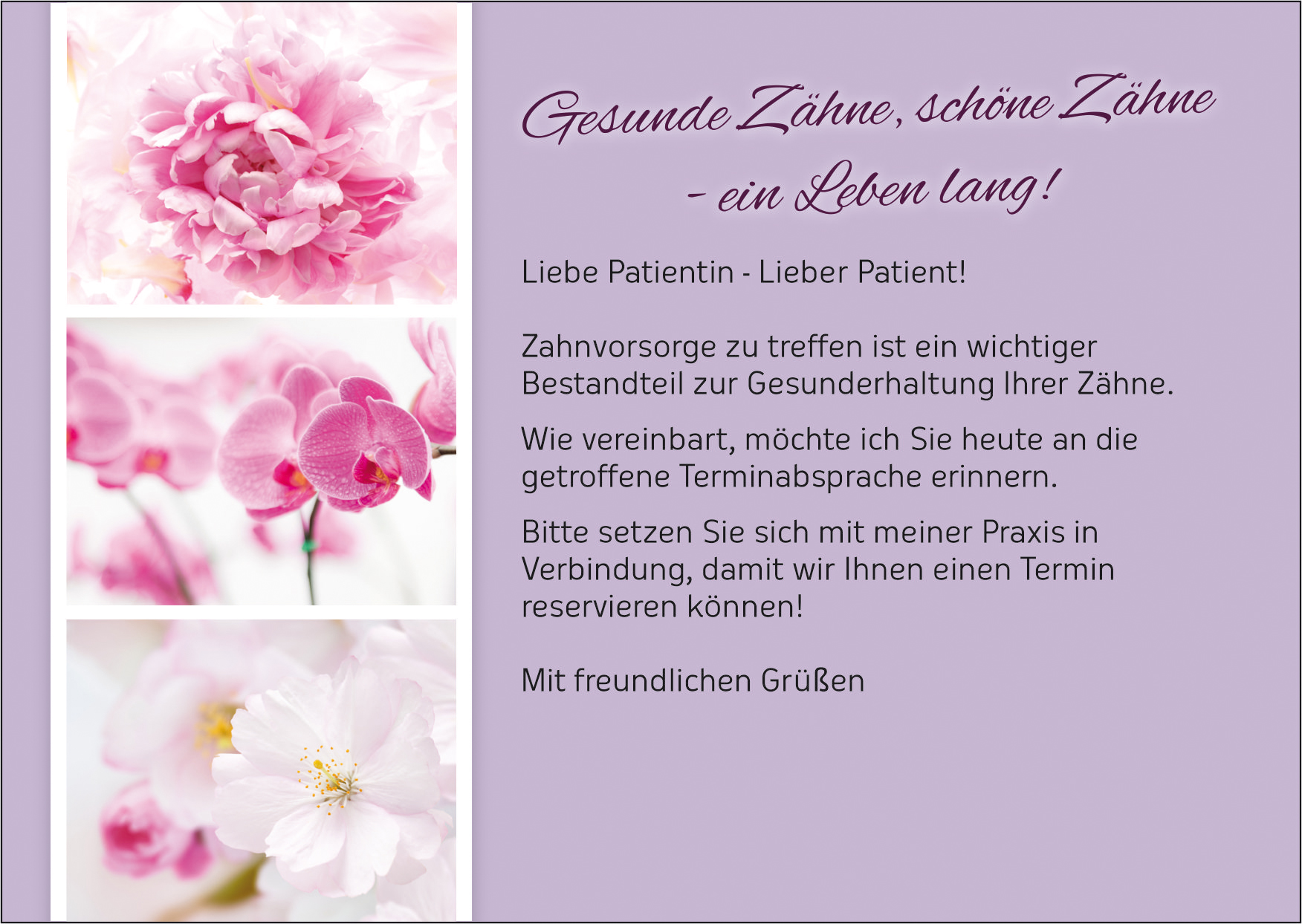 Zahnvorsorgekarte - Motiv: Blumen rosa