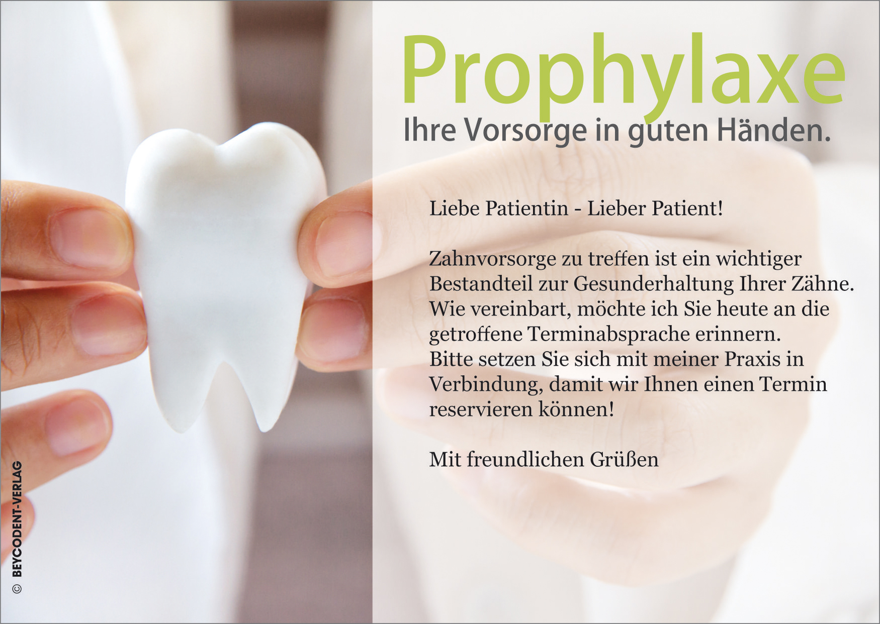 Zahnvorsorgekarte - Motiv: Hände mit Zahn