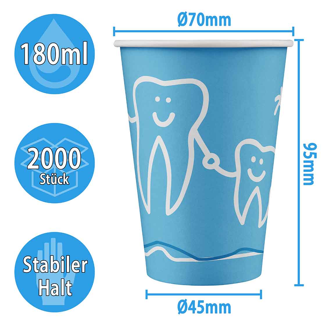 Mundspülbecher Hartpapier, recyclebar, Zahndesign blau, 180ml