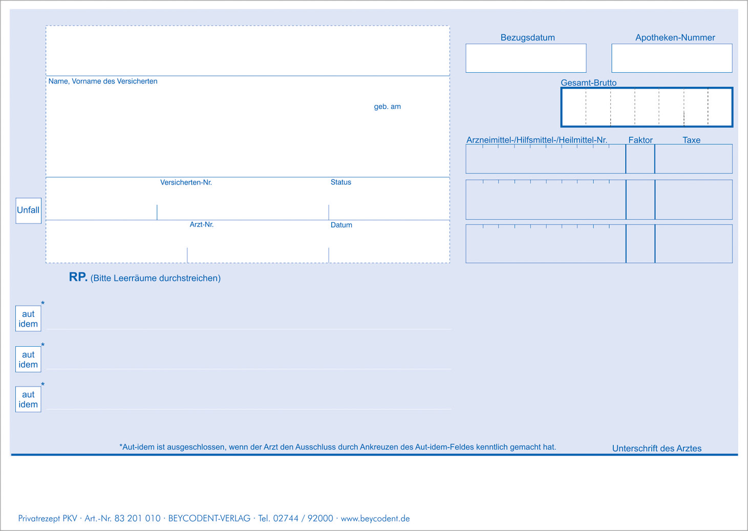 Privatrezepte PKV blau Pack mit 100 Stück