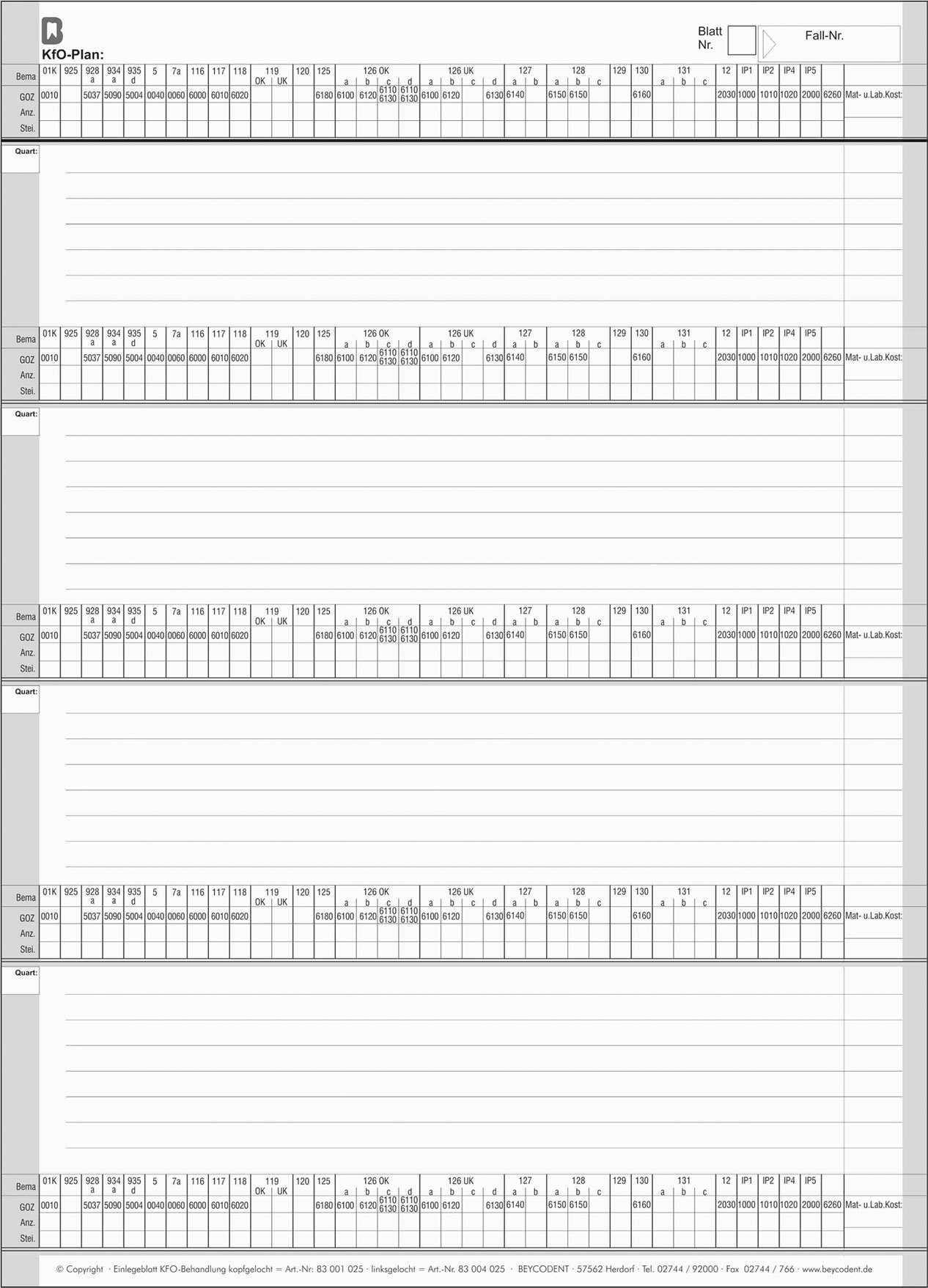 Einlegeblatt KFO-Behandlung 100 Stück