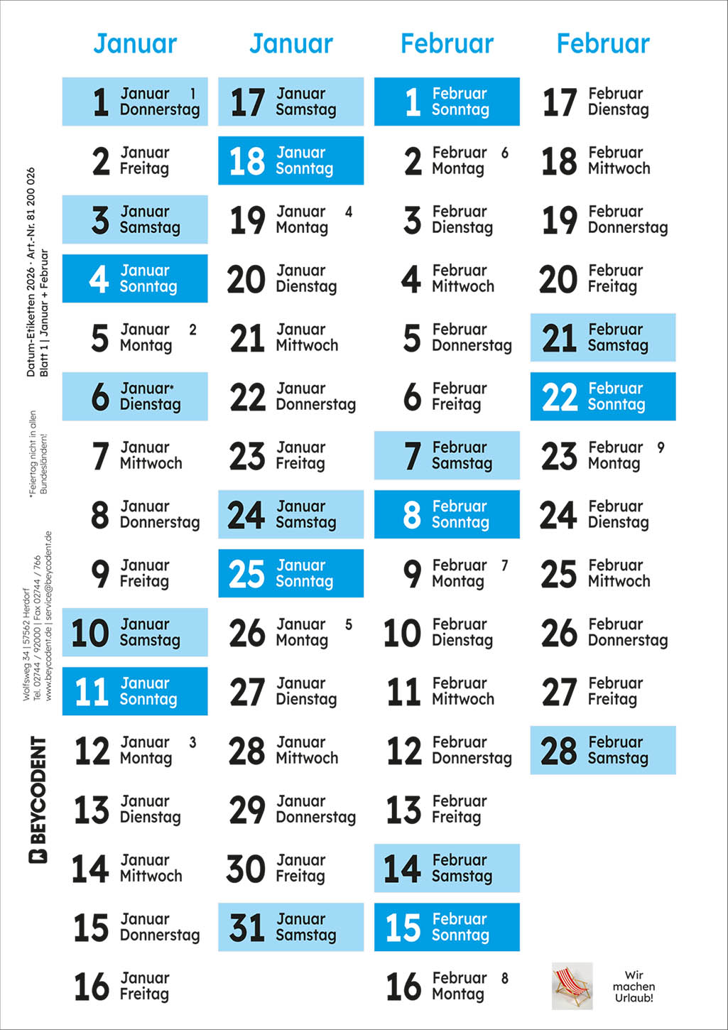 Datum-Etiketten 2026 mit Jahresübersicht