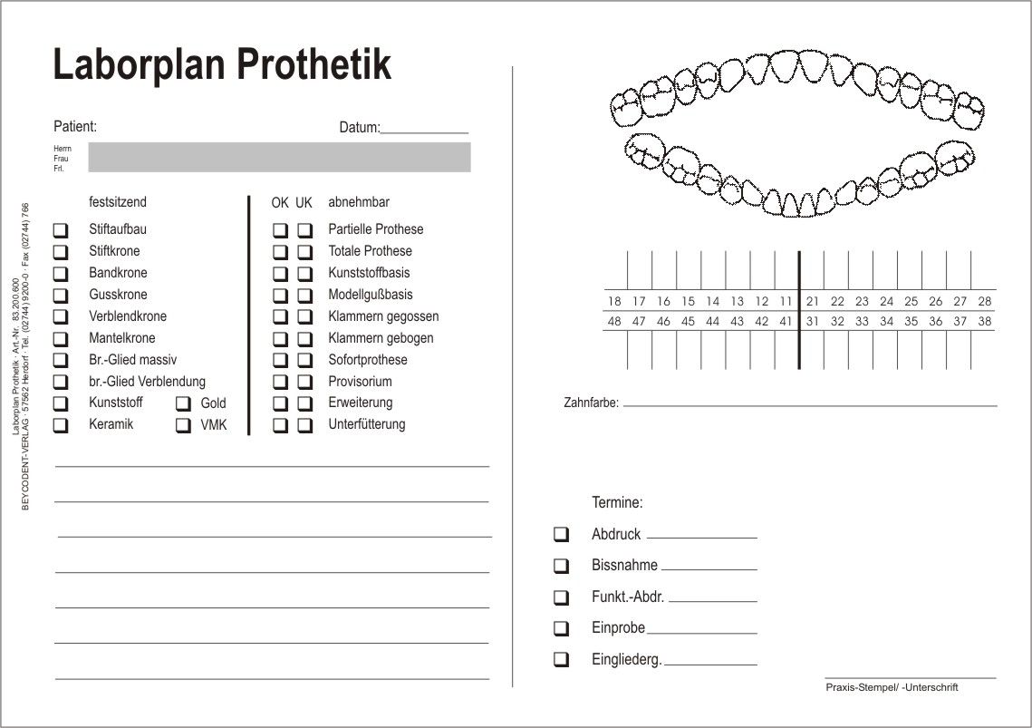 Laborplan-Prothetik, 1-fach