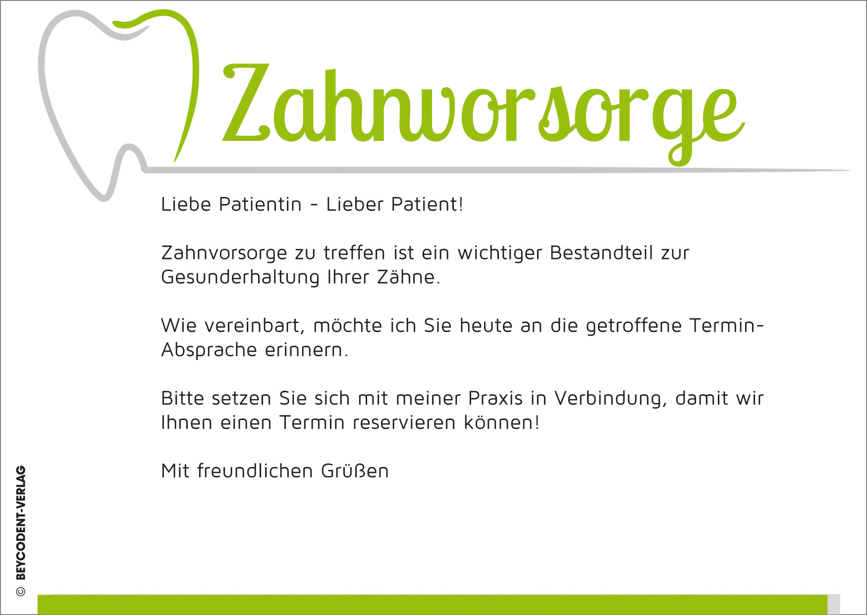 Zahnvorsorgekarte - Motiv: Zahn grün