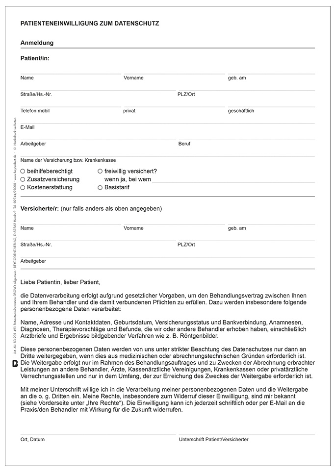 Patienteneinwilligung zum Datenschutz A4 DSGVO